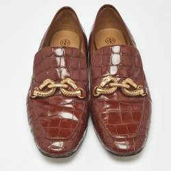Pre Owned Tory Burch Brown Croc Embossed Leather Loafers Size 38