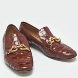 Pre Owned Tory Burch Brown Croc Embossed Leather Loafers Size 38