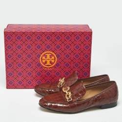 Pre Owned Tory Burch Brown Croc Embossed Leather Loafers Size 38