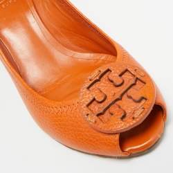 Pre Owned Tory Burch Orange Leather Logo Peep Toe Wedge Pumps Size 38