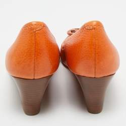 Pre Owned Tory Burch Orange Leather Logo Peep Toe Wedge Pumps Size 38