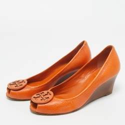 Pre Owned Tory Burch Orange Leather Logo Peep Toe Wedge Pumps Size 38
