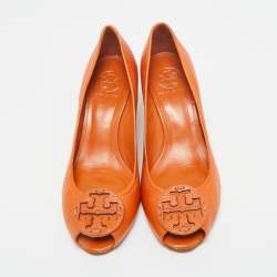Pre Owned Tory Burch Orange Leather Logo Peep Toe Wedge Pumps Size 38