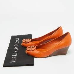 Pre Owned Tory Burch Orange Leather Logo Peep Toe Wedge Pumps Size 38