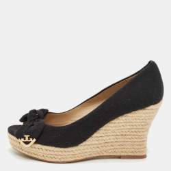 Pre Owned Tory Burch Black Canvas Peep Toe Espadrille Pumps Size 36