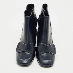 Pre Owned Tory Burch Navy Blue Leather Ankle Length Boots Size 36.5