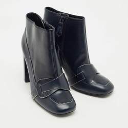 Pre Owned Tory Burch Navy Blue Leather Ankle Length Boots Size 36.5