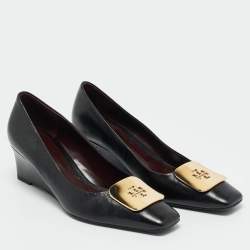 Pre Owned Tory Burch Black Leather Georgia Wedge Pumps Size 37