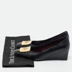 Pre Owned Tory Burch Black Leather Georgia Wedge Pumps Size 37