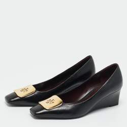 Pre Owned Tory Burch Black Leather Georgia Wedge Pumps Size 37