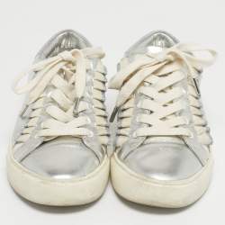 مملوكة مسبقًا Tory Burch Silver/White Leather Tory Sport Ruffle Low Top Sneakers Size 37
