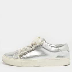 Pre Owned Tory Burch Silver/White Leather Tory Sport Ruffle Low Top Sneakers Size 37