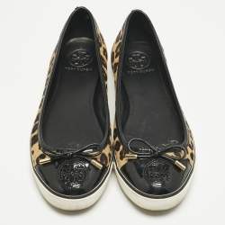Pre Owned Tory Burch Brown Calf Hair and Patent Leather Skyler Ballet Flats Size 38