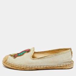 Pre Owned Tory Burch Beige Canvas and Leather Trim Parriot Espadrille Flats Size 36