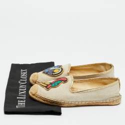 Pre Owned Tory Burch Beige Canvas and Leather Trim Parriot Espadrille Flats Size 36