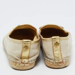 Pre Owned Tory Burch Beige Canvas and Leather Trim Parriot Espadrille Flats Size 36