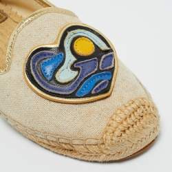 Pre Owned Tory Burch Beige Canvas and Leather Trim Parriot Espadrille Flats Size 36