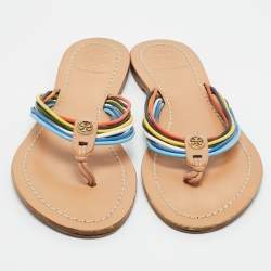 Pre Owned Tory Burch Metallic Gold Leather Sienna Thong Flat Sandals Size 37