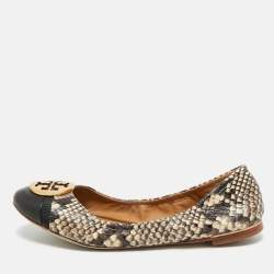 مملوكة مسبقًا Tory Burch Beige/Brown Python Embossed Minnie Ballet Flats Size 37.5