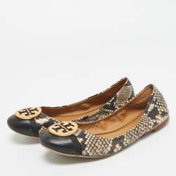 مملوكة مسبقًا Tory Burch Beige/Brown Python Embossed Minnie Ballet Flats Size 37.5