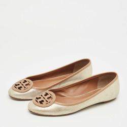 Pre Owned Tory Burch Silver/Brown Leather Louisa Ballet Flats Size 36