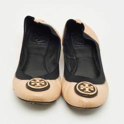 Pre Owned Tory Burch Beige/Black Leather Scrunch Minnie Ballet Flats Size 37