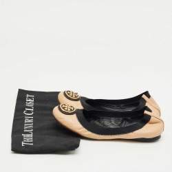 Pre Owned Tory Burch Beige/Black Leather Scrunch Minnie Ballet Flats Size 37