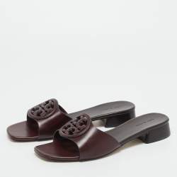 Pre Owned Tory Burch Burgundy Leather Miller Flat Slide Size 39