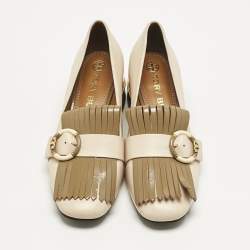 Pre Owned Tory Burch Cream Leather Kiltie Loafer Pumps Size 37