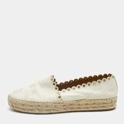 Pre Owned Tory Burch Cream Leather Embroidered Logo Espadrille Flats Size 38.5