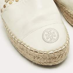 Pre Owned Tory Burch Cream Leather Embroidered Logo Espadrille Flats Size 38.5