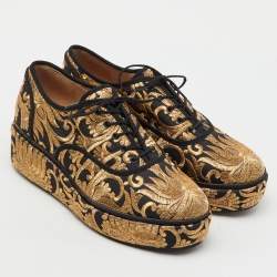 Pre Owned Tory Burch Black/Gold Brocade Fabric Arden Platform Oxfords Size 38.5