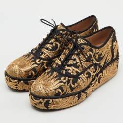 Pre Owned Tory Burch Black/Gold Brocade Fabric Arden Platform Oxfords Size 38.5
