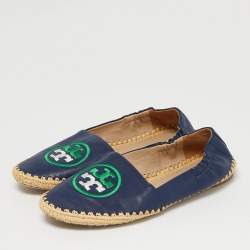 Pre Owned Tory Burch Navy Blue Leather Ines Espadrille Flats Size 37.5