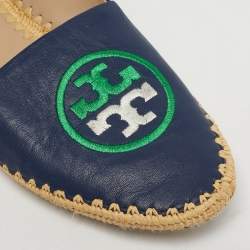 Pre Owned Tory Burch Navy Blue Leather Ines Espadrille Flats Size 37.5