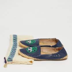 Pre Owned Tory Burch Navy Blue Leather Ines Espadrille Flats Size 37.5