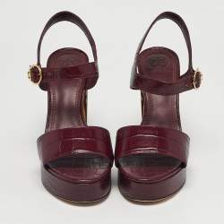 Pre Owned Tory Burch Burgundy Embossed Crocodile Maritine Sandals Size 38