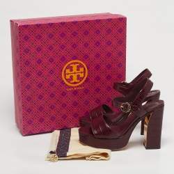 Pre Owned Tory Burch Burgundy Embossed Crocodile Maritine Sandals Size 38