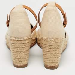 Pre Owned Tory Burch Beige/Black Canvas and Leather Espadrille Wedge Pumps Size 40