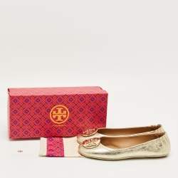 Pre Owned Tory Burch Gold Leather Minnie Travel Ballet Flats Size 39.5