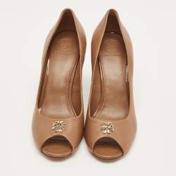 Pre Owned Tory Burch Brown Leather Reva Wedge Peep Toe Pumps Size 39