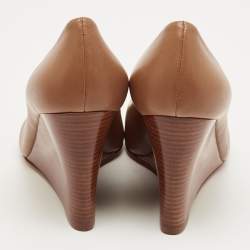 Pre Owned Tory Burch Brown Leather Reva Wedge Peep Toe Pumps Size 39