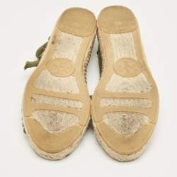 Pre Owned Tory Burch Green/White Stripe Canvas Ankle Wrap Espadrille Flats Size 37