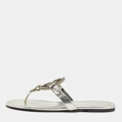 Pre Owned Tory Burch Silver Leather Miller Thong Sandals Size 37.5
