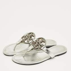 Pre Owned Tory Burch Silver Leather Miller Thong Sandals Size 37.5