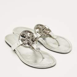 Pre Owned Tory Burch Silver Leather Miller Thong Sandals Size 37.5