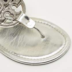 Pre Owned Tory Burch Silver Leather Miller Thong Sandals Size 37.5