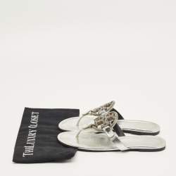 Pre Owned Tory Burch Silver Leather Miller Thong Sandals Size 37.5