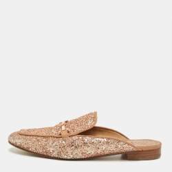 Pre Owned Tory Burch Gold Glitter Amalia Mules Size 39