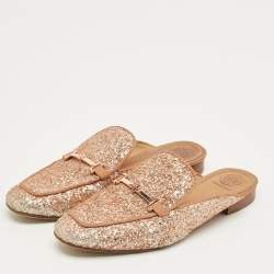 Pre Owned Tory Burch Gold Glitter Amalia Mules Size 39